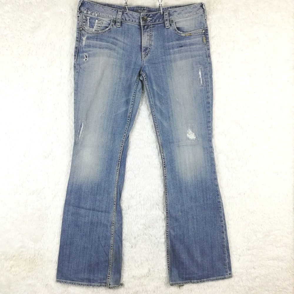 Silver Womens Jeans Aiko Flare Blue Denim Light Wash‎ Ripped Patched Tall 36